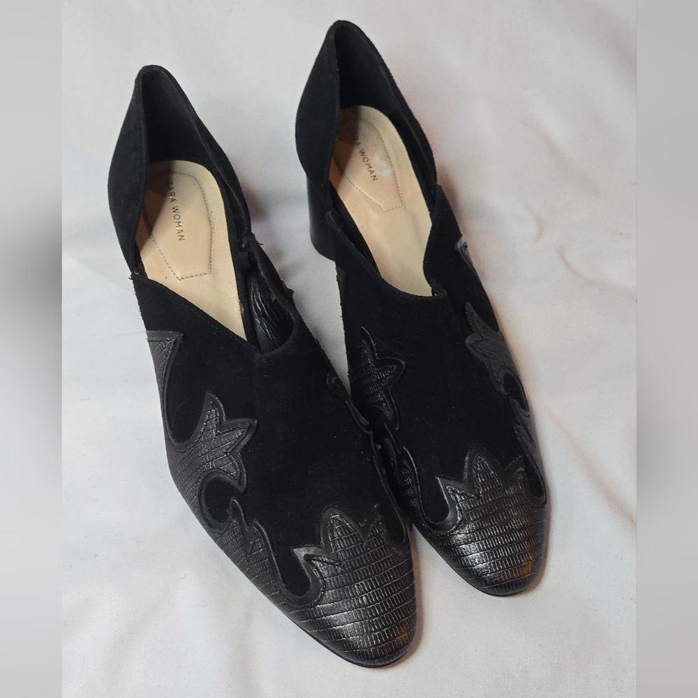 Zara Black Leather Suede Western Low Booties Embossed Details Women's 37/7
